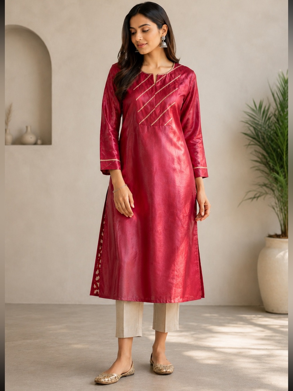 New Fabindia silk Red Long Sleeve Kurta with golden Accents